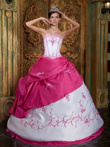 Cute Rose Pink and White Sweet 16 Dress Strapless Embroidery Satin Ball Gown