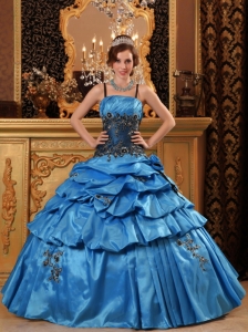 Lovely Blue Sweet 16 Quinceanera Dress Straps Taffeta Appliques Ball Gown