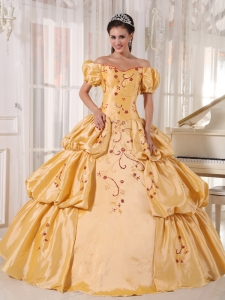 Populor Gold Sweet 16 Dress Off The Shoulder Taffeta Embroidery Ball Gown