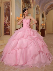 Pretty Pink Sweet 16 Quinceanera Dress Sweetheart Organza Beading Ball Gown