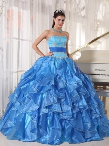 Romantic Blue Sweet 16 Quinceanera Dress Strapless Organza Appliques Ball Gown