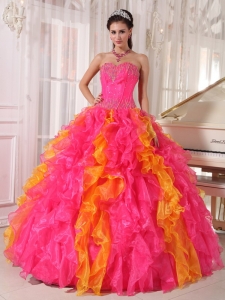Beauty Hot Pink and Orange Sweet 16 Dress Sweetheart Organza Sequins Ball Gown