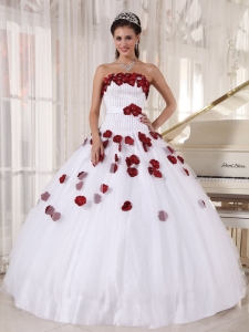 Formal White and Wine Red Sweet 16 Dress Strapless Tulle Beading and Hand Made Flowers Ball Gown