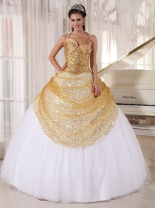Informal Champagne and White Sweet 16 Dress Spaghetti Straps Tulle and Sequin Appliques Ball Gown