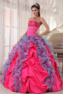 Lovely Hot Pink and Aqua Blue Sweet 16 Dress Strapless Organza and Taffeta Beading and Ruffles Ball Gown