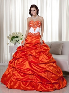Orange Red Sweetheart Floor-length Taffeta Appliques Sweet 16 Dress