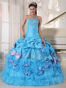 Romantic Aqua Sweet 16 Dress Strapless Organza and Taffeta Appliques Ball Gown