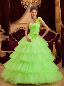 Romantic Spring Green Sweet 16 Dress One Shoulder Ruffles / Princess