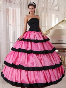 Sexy Rose Pink and Black Sweet 16 Quinceanera Dress Strapless Taffeta Ball Gown