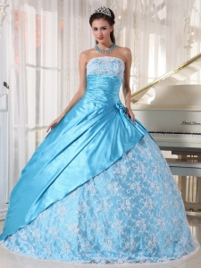 Sweet Aqua Blue Sweet 16 Quinceanera Dress Strapless Taffeta Lace Ball Gown