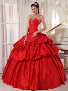 Red Sweetheart Taffeta Beading Sweet 16 Quinceanera Dress in Puffy Style