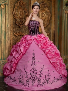 Affordable Rose Pink Sweet 16 Dress Strapless Embroidery Taffeta Ball Gown