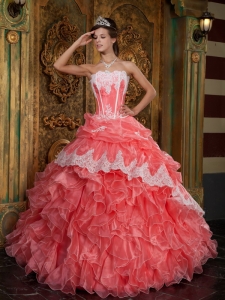 Beautiful Waltermelon Sweet 16 Dress Strapless Ruffles Organza Ball Gown