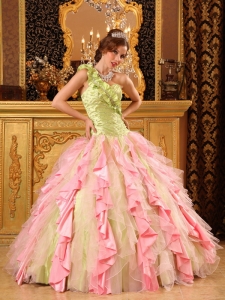 Cheap Multi-Color Sweet 16 Dress One Shoulder Taffeta And Organza Beading And Ruffles Ball Gown