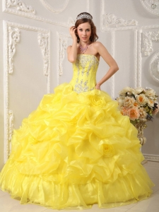 Cute Yellow Sweet 16 Quinceanera Dress Strapless Organza Beading Ball Gown