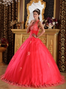 Gorgeous Coral Red Sweet 16 Quinceanera Dress Halter Appliques Tulle Ball Gown