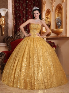 Perfect Gold Sweet 16 Dress Sweetheart Sequin Fabric Beading Ball Gown