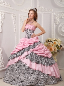 Romantic Pink Zebra Ball Gown Strapless Taffeta and Beading Sweet 16 Dress