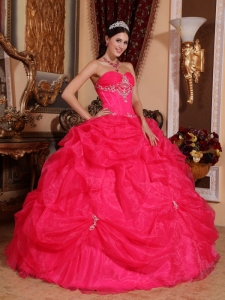 Beautiful Coral Red Sweet 16 Dress Sweetheart Organza Beading Ball Gown