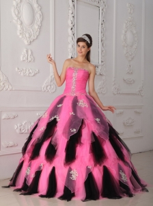 Beautiful Pink and Black Sweet 16 Dress Strapless Organza Appliques A-Line / Princess