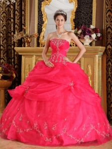 Best Coral Red Sweet 16 Dress Strapless Organza Appliques Ball Gown