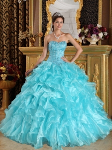 Discount Aqua Blue Sweet 16 Dress Sweetheart Ruffles Organza Ball Gown