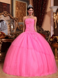 Discount Rose Pink Sweet 16 Dress Strapless Tulle Appliques with Beading Ball Gown