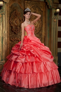 Discount Watermelon Sweet 16 Dress Strapless Taffeta Beading Ball Gown