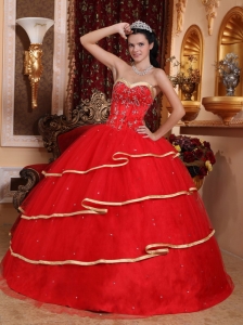 Elegant Red Sweet 16 Dress Sweetheart Satin and Tulle Beading Ball Gown