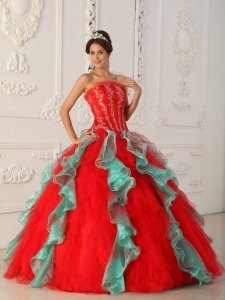 Elegant Red and Green Sweet 16 Dress Strapless Appliques and Beading Ball Gown