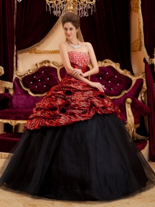 Exquisite Red and Black Sweet 16 Dress Strapless Zebra and Tulle Hand Made Flowers Ball Gown
