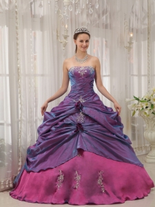 Informal Purple and Fuchsia Sweet 16 Dress Strapless Taffeta Appliques Ball Gown