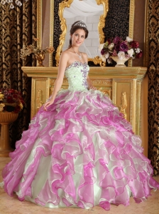 Latest Fuchsia and Apple Green Sweet 16 Dress Sweetheart Organza Appliques Ball Gown
