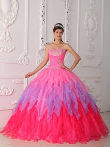 Lovely Hot Pink Sweet 16 Dress Sweetheart Organza Beading and Ruch Ball Gown