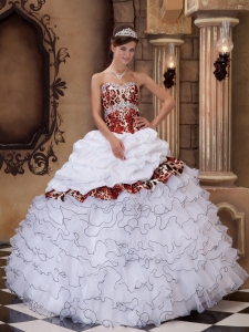 Lovely White Sweet 16 Dress Sweetheart Organza and Leopard Ruffles Ball Gown