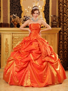 Popular Orange Red Sweet 16 Dress Strapless Taffeta Handle Flowers Ball Gown