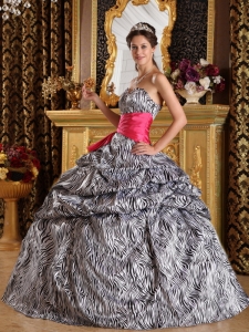 Popular Sweet 16 Dress Sweetheart Zebra Ball Gown Zebra Sweetheart Pink Sash Floor-length Sweet 16 Dress Designer