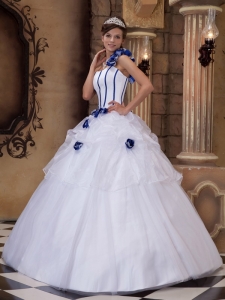 Popular White Sweet 16 Dress One Shoulder Satin and Organza Hand Made Flowers Ball Gown