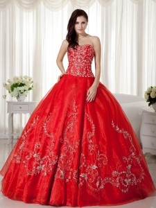 Red Ball Gown Sweetheart Floor-length Organza Beading and Embroidery Sweet 16 Dress