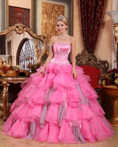 Remarkable Rose Pink Sweet 16 Dress Sweetheart Organza Beading Ball Gown