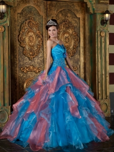 Remarkable Sky Blue and Watermelon Sweet 16 Dress Strapless Organza Beading and Ruffles Ball Gown