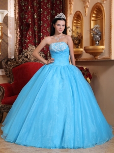 Romantic Baby Blue Sweet 16 Dress Strapless Organza Appliques Ball Gown