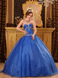 Affordable Blue Sweet 16 Dress Sweetheart Organza Appliques Ball Gown