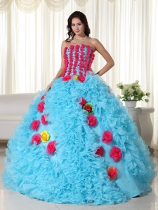 Aqua Ball Gown Strapless Floor-length Organza Beading Sweet 16 Dress