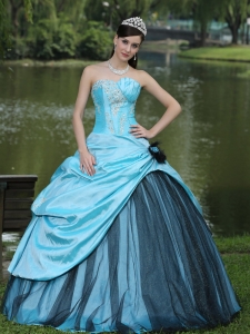 Aqua Blue Taffeta 2013 Sweet 16 Dress Custom Made 2013 Aqua Blue Ball Gown Black Tulle Appliques