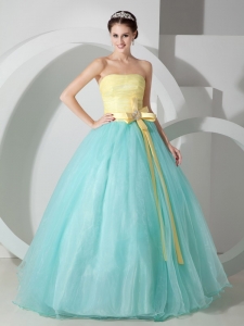 Baby Blue and Yellow Ball Gown Strapless Quinceanea Dress Organza Sash and Ruch Floor-length