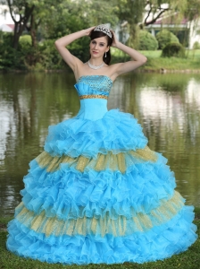 Beaded Decorate Bust Sequins Organza Aqua Blue and Yellow Strapless Floor-length Tiered Sweet Sweet 16 Dress For 2013