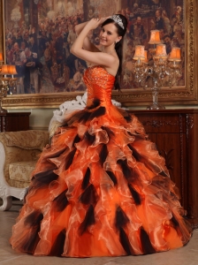 Beautiful Orange and Black Sweet 16 Dress Strapless Organza Ball Gown