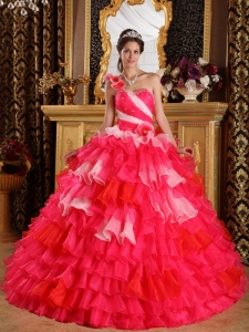 Beautiful Red Sweet 16 Dress One Shoulder Organza Ruffles and Beading Sweet 16 Dress Ball Gown