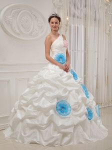Beautiful White Sweet 16 Dress One Shoulder Taffeta Beading and Hand Flowers Ball Gown